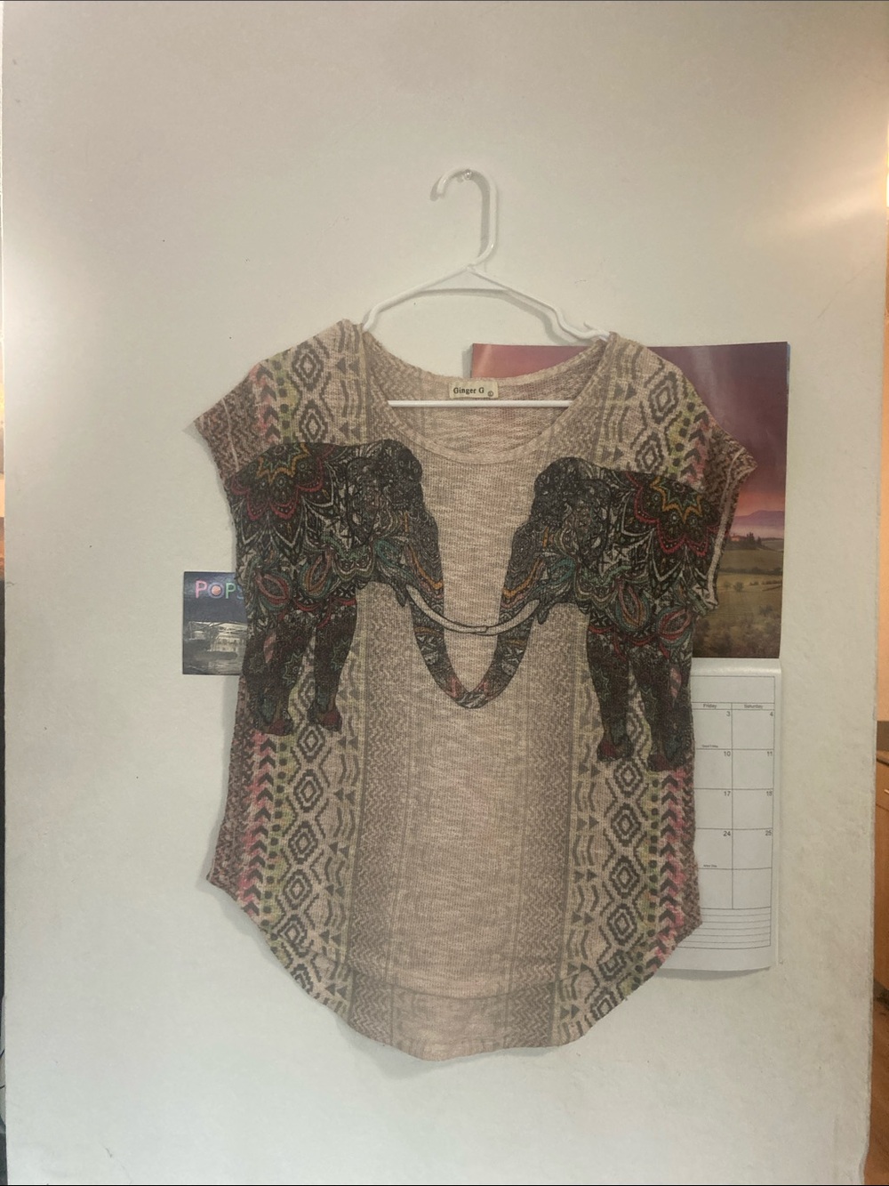 Ginger G Beige Short Sleeve Top with Multicolor Elephant Print